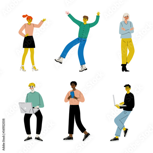 Set of young people characters in modern trendy casual clothes. Youth lifestyle cartoon vector illustration