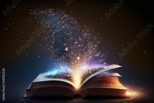  an open book with a glowing star coming out of it on a black background with a black background and a blue sky filled with stars and dust and dust, with stars, and a.