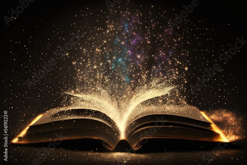  an open book with a glowing light coming out of it on a black background with stars and dust flying out of it, with a black background with a black border and white border with. photo