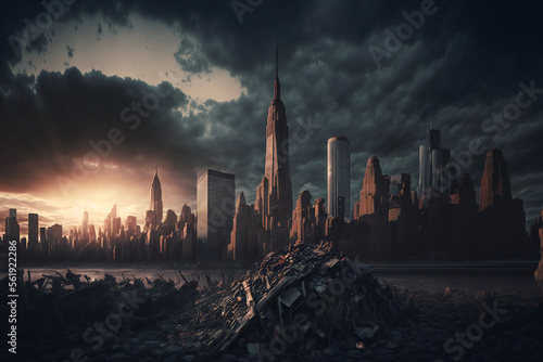 Abandoned New York City in the future. Empty roads and a dystopian atmosphere in a post-apocalyptic NYC. 