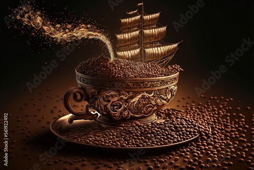 Wallpaper Mural a coffee cup with a steam ship in it on a saucer filled with coffee beans and a saucer with a spoon in it on a dark background of coffee beans and a black