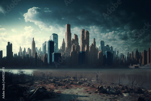 Abandoned New York City in the future. Empty roads and a dystopian atmosphere in a post-apocalyptic NYC. 