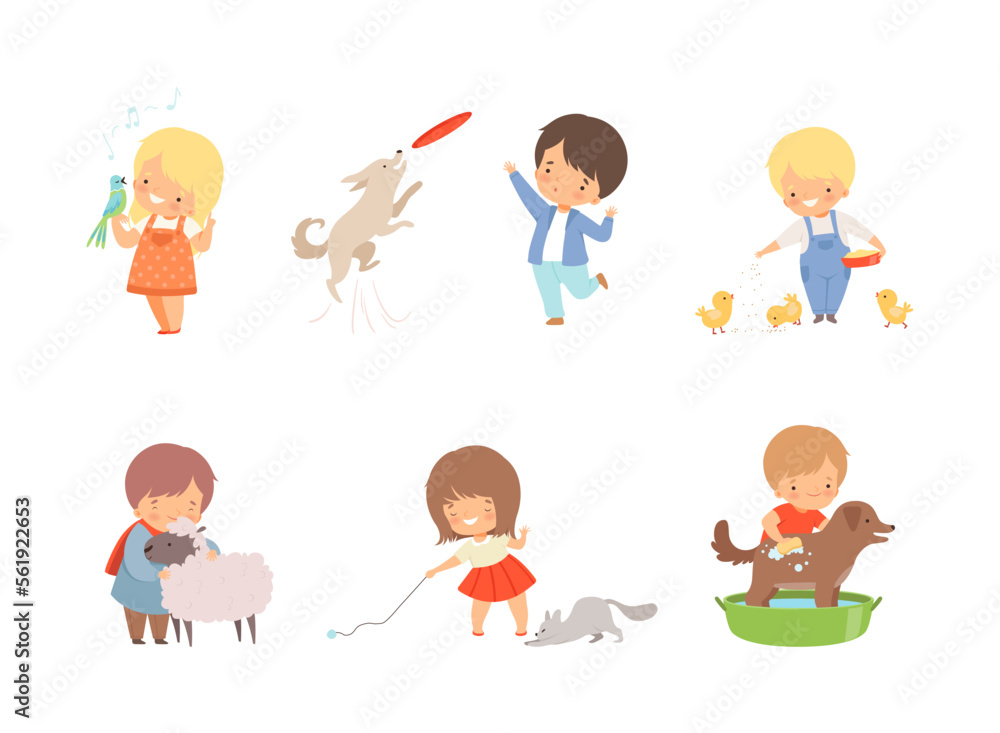 Cute little boys and girls caring of animals set. Kids feeding, playing, washing dog, parrot, chicken, sheep, kitten cartoon vector illustration Cute little boys and girls caring of animals set. Kids feeding, playing, washing dog, parrot, chicken, sheep, kitten cartoon vector illustration