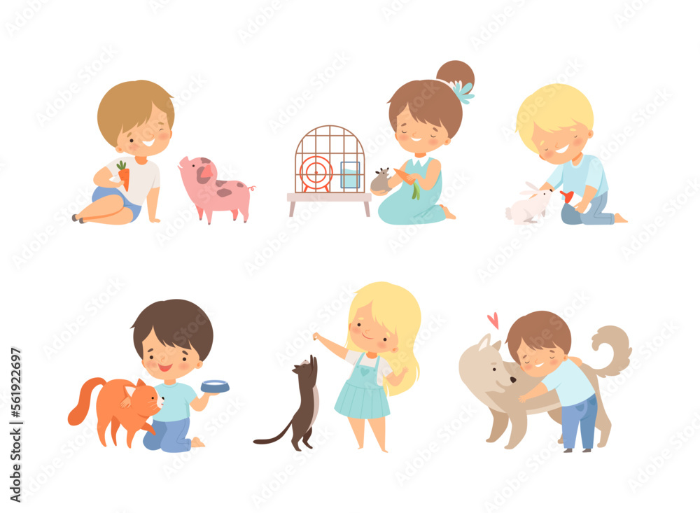 Cute little boys and girls caring of animals set. Kids feeding and hugging piglet, rat, rabbit, kitten and puppy cartoon vector illustration