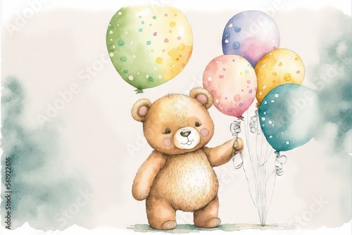  a teddy bear holding a bunch of balloons in its hand and a bunch of other balloons in the air behind it, on a white background with a blue and green and white border. Generated AI