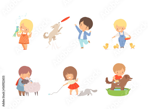 Cute little boys and girls caring of animals set. Kids feeding, playing, washing dog, parrot, chicken, sheep, kitten cartoon vector illustration