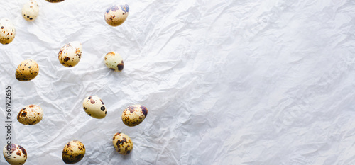 Quail Eggs on Beige Background, Easter Concept