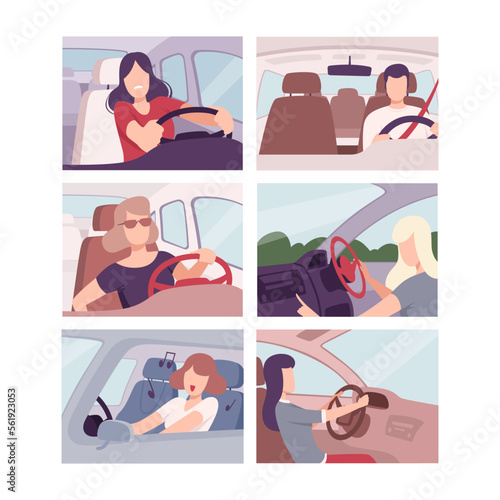 People inside car set. Male and female drivers riding on city roads flat vector illustration