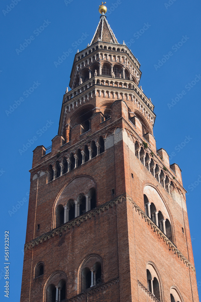 Detail of the bell tower, called Torrazzo, in Cremona, Italy