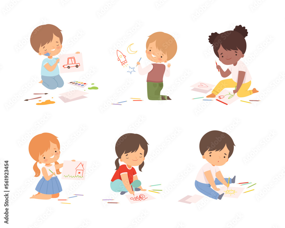 Cute boys and girls sitting on floor and painting with crayons and fingerprints set cartoon vector illustration Cute boys and girls sitting on floor and painting with crayons and fingerprints set cartoon vector illustration