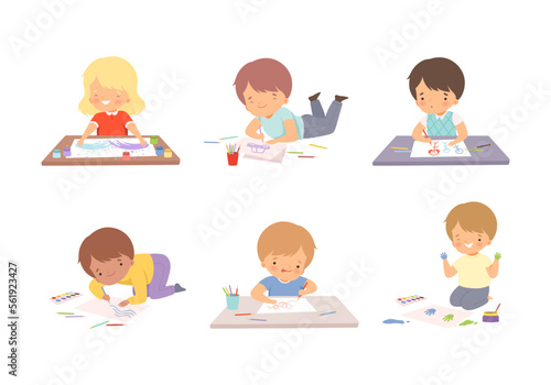 Cute boys and girls sitting on floor and painting with crayons and fingerprints set. Kids creativity education and development cartoon vector illustration