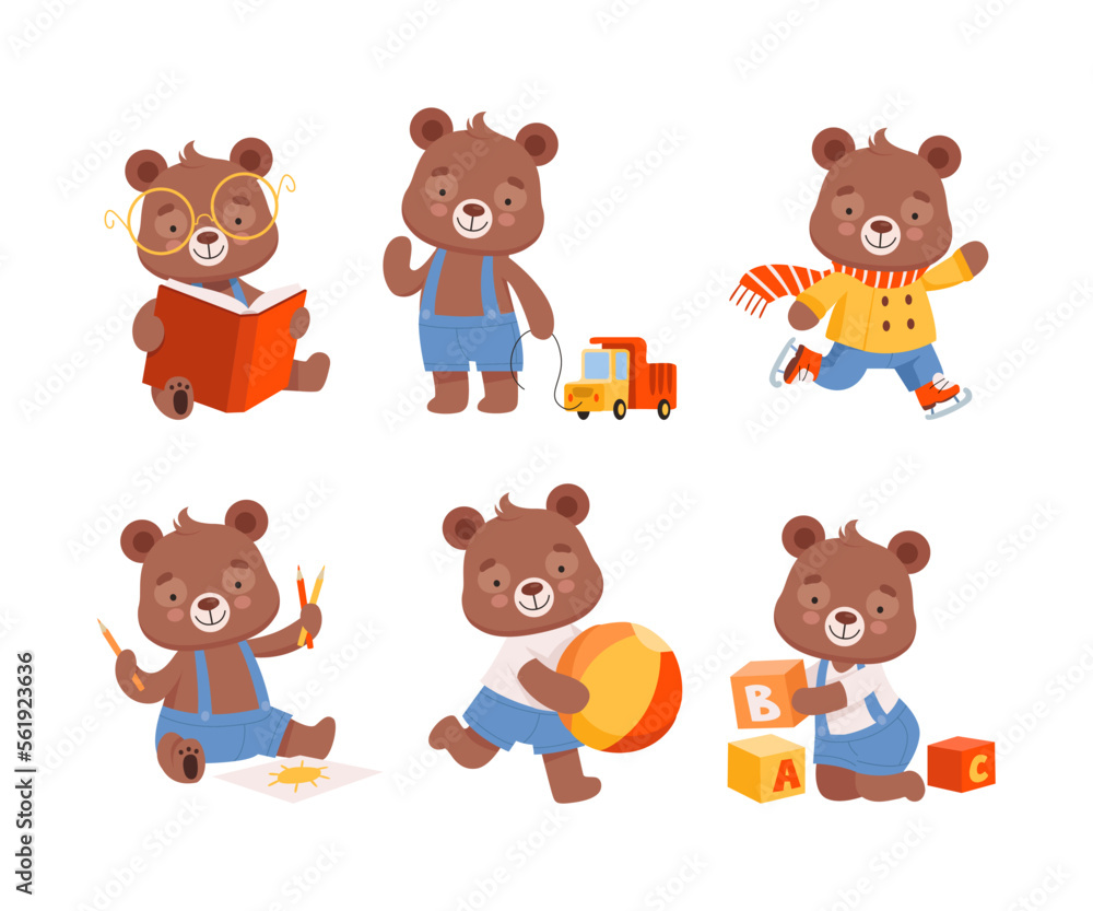 Cute baby character in differents activities set. Funny bear reading book, playing toys, skating and drawing cartoon vector illustration