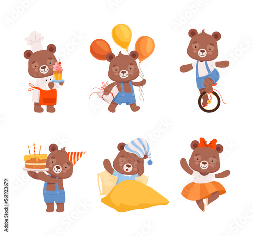 Cute baby character in differents activities set. Funny bear cooking, celebrating holiday, riding unicycle, sleeping cartoon vector illustration