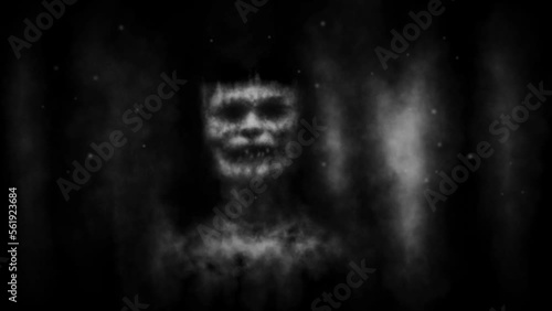 Scary zombie stands in darkness of room. Spooky 2d animation with devilish character. Motion graphics in horror fantasy genre. Animated 4K video clip nightmares for Halloween. Vj looped movie.
