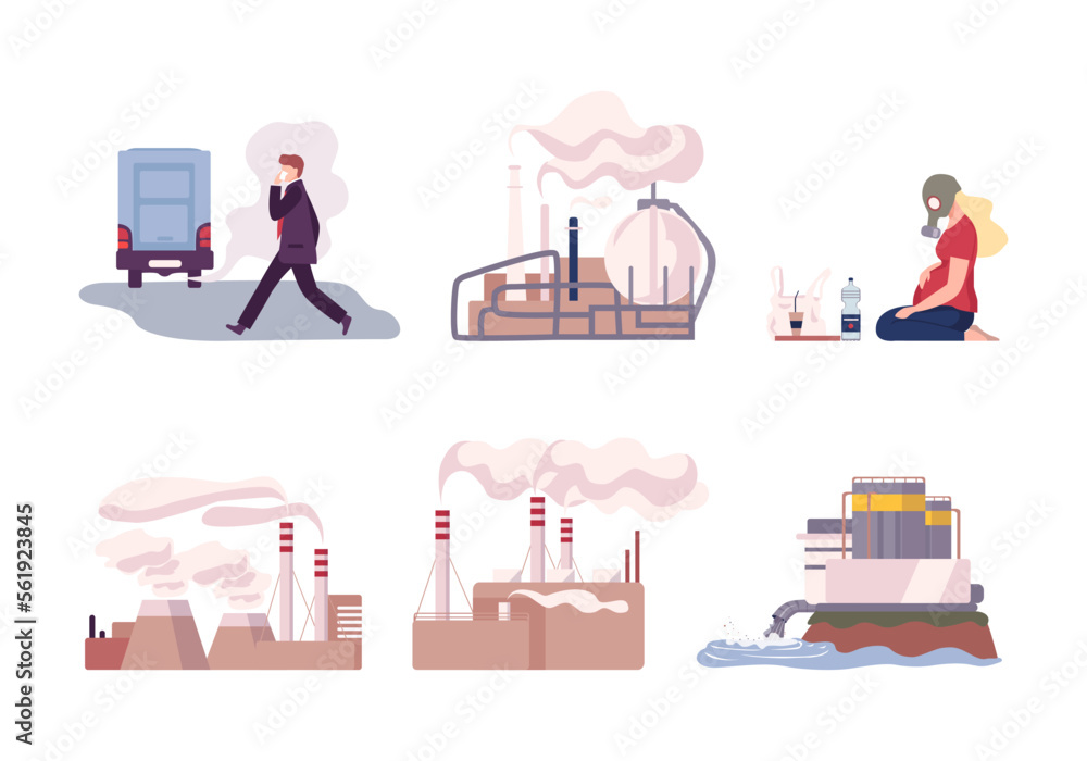 Pollution of water and air by industrial waste set. People suffering from industrial smog and pollutant fog gas cartoon vector illustration Pollution of water and air by industrial waste set. People suffering from industrial smog and pollutant fog gas cartoon vector illustration