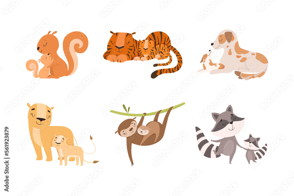 Obraz premium Loving mom animals hugging cubs set. Cute parent and baby animal. Families of squirrel, tiger, dog, capybara, racoon, sloth cartoon vector illustration