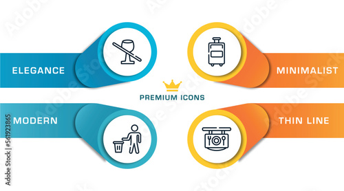 airport and travel outline icons with infographic template. thin line icons such as no drinks, use bin, travelling handbags, restaurant vector.