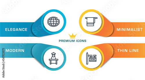 holidays outline icons with infographic template. thin line icons such as earth globe, airport worker, bath towel, rent vector.