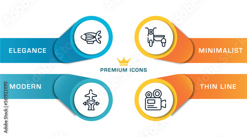 vacation outline icons with infographic template. thin line icons such as blimp, airplanes and arrows, sidecar, camera recorder vector.