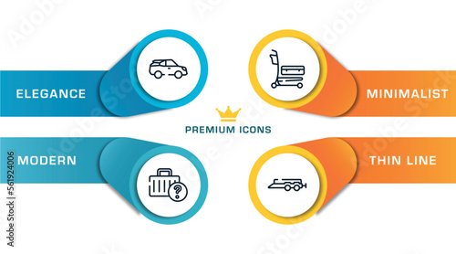 transporters outline icons with infographic template. thin line icons such as electric car side view, lost and found, airport cart, car trailer vector.