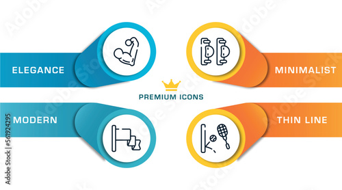 sports outline icons with infographic template. thin line icons such as muscular, red flag, elbow pads, squash vector.