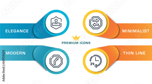hotel signals outline icons with infographic template. thin line icons such as safety code, right reverse bend, two way, 24 hours service vector.