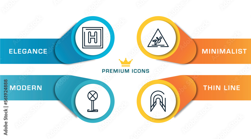 signals set outline icons with infographic template. thin line icons such as round hotel, no stopping, wet floot, tunnel vector. signals set outline icons with infographic template. thin line icons such as round hotel, no stopping, wet floot, tunnel vector.