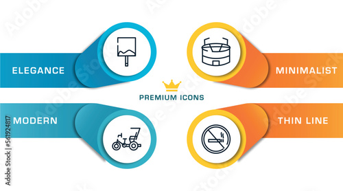 signals set outline icons with infographic template. thin line icons such as uneven, cycle rickshaw, big stadium, forbidden smoking vector.