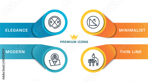 public services fill outline icons with infographic template. thin line icons such as railroad crossing, taxi stop, upstairs, baby changer vector.