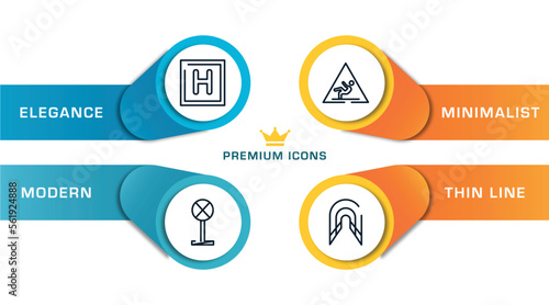 signals set outline icons with infographic template. thin line icons such as round hotel, no stopping, wet floot, tunnel vector.