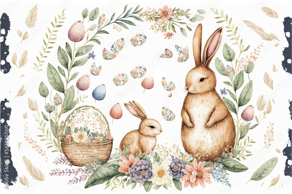  a watercolor painting of two rabbits and a basket with eggs in it and the words, happy easter written in gold lettering on a white background with floral border and leaves and eggs in. Generative AI - obrazy, fototapety, plakaty 