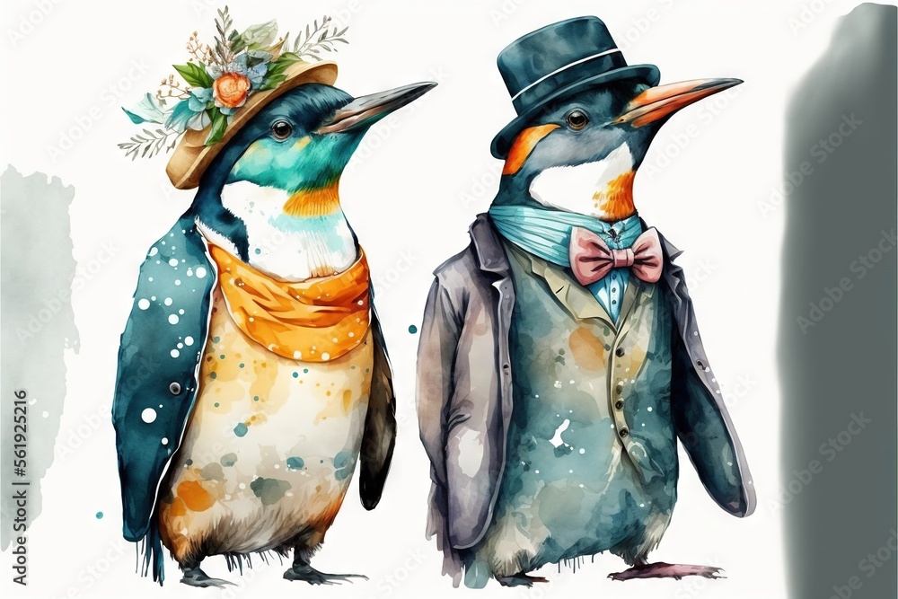 two penguins wearing hats and scarves with a bow tie and a top hat and