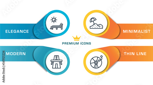 general outline icons with infographic template. thin line icons such as deck chair under the sun, bridge on avenue perspective, sand, cd record vector.