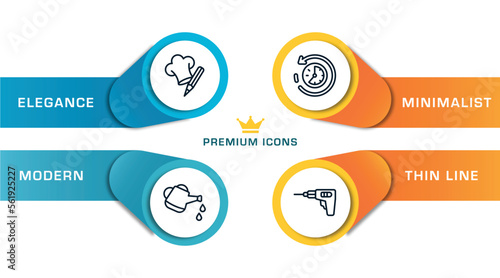 general outline icons with infographic template. thin line icons such as chef hat with a pencil, watering can with water drops, rewind time, perforator vector.