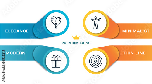 general outline icons with infographic template. thin line icons such as floating balloons, gift box with ribbon, man with open arms, insurance a button vector.