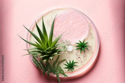  a pink plate with a plant and a round object on it on a pink background with a pink background and a pink circle with a pink circle with a white circle and green plant on it. Generative AI 