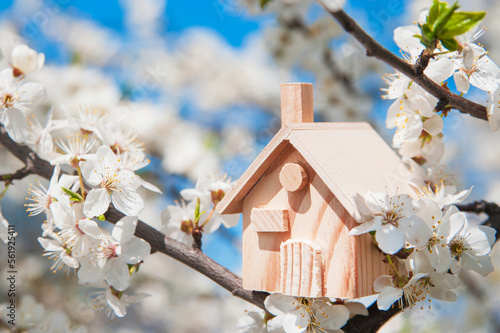 Springtime greeting card and miniature wooden house and copy space. Blooming spring trees close up.