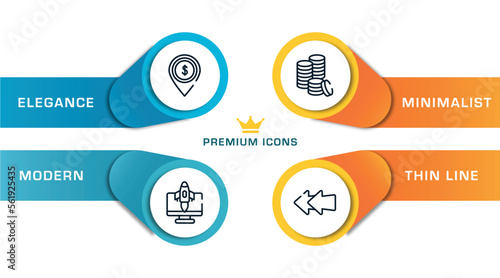business pack outline icons with infographic template. thin line icons such as dollar spot, rocket launch monitor, three dollar coins stacks, two left arrows vector.