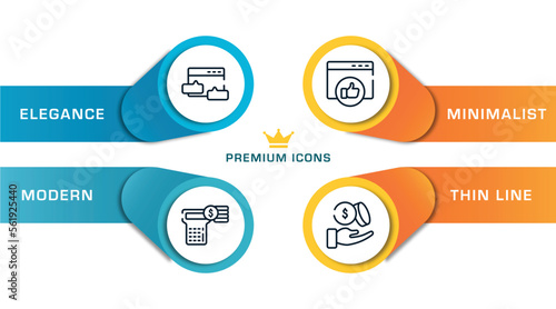 business and finance outline icons with infographic template. thin line icons such as blog commenting, account balance, favorite web, dollar coins and hand vector.
