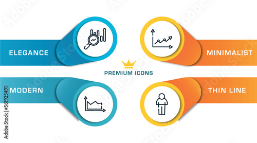business pack outline icons with infographic template. thin line icons such as search stats, area chart, line graph, person shape vector.