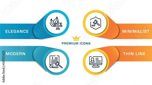 law and justice outline icons with infographic template. thin line icons such as environmental law, tax law, defense, criminal database vector.