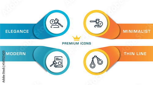 law and justice outline icons with infographic template. thin line icons such as ask a lawyer, law paper, veredict, criminal law vector.