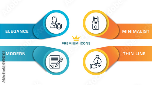 law and justice outline icons with infographic template. thin line icons such as custody, wills and trusts, electroshock weapon, bribery vector.