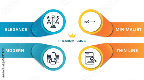 law and justice outline icons with infographic template. thin line icons such as business law, prisoner, shotgun, documents vector.