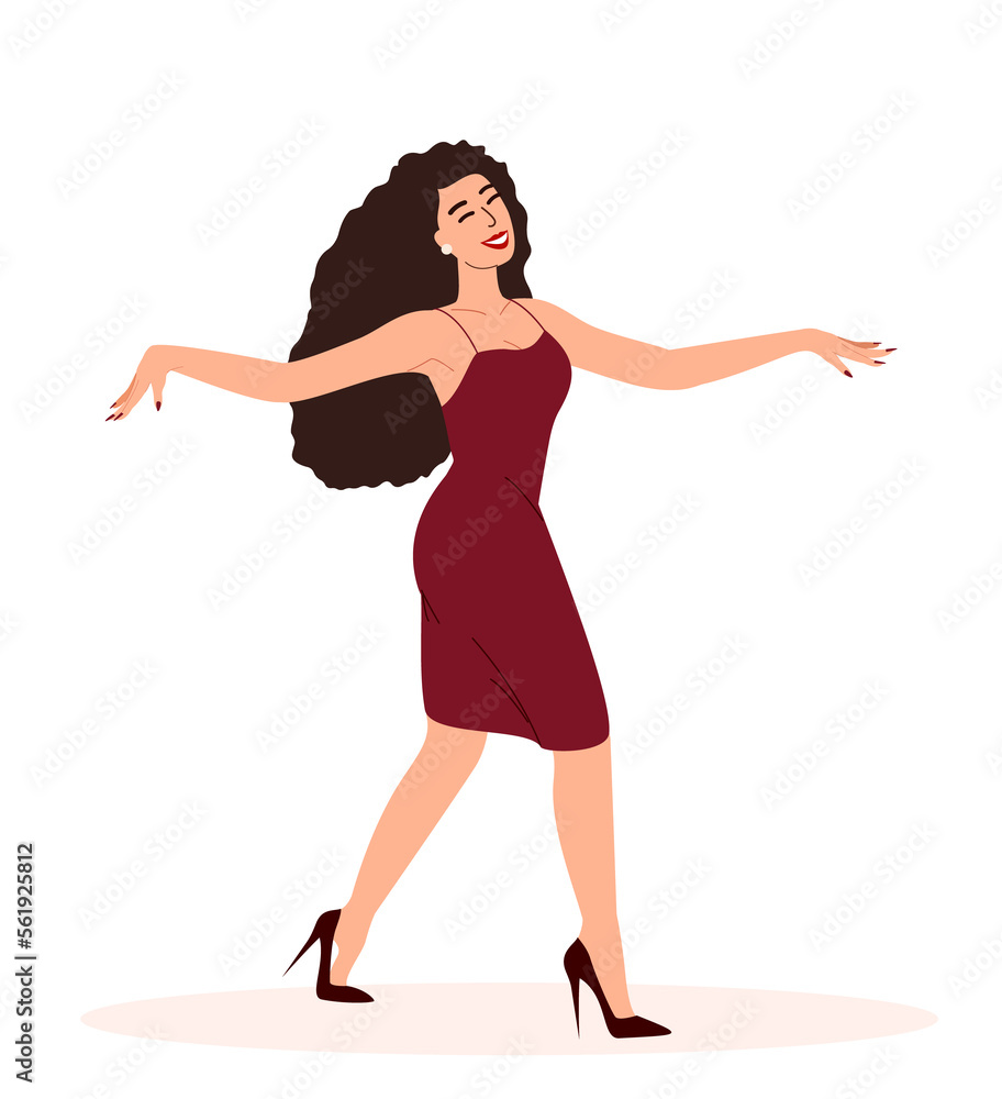 Happy woman in elegant dress dancing,moving to music with sculpturesque arms.Georgian dance.Young girl with long hair dancer on high heels,summer dress.Vector illustration isolated on white background Happy woman in elegant dress dancing,moving to music with sculpturesque arms.Georgian dance.Young girl with long hair dancer on high heels,summer dress.Vector illustration isolated on white background