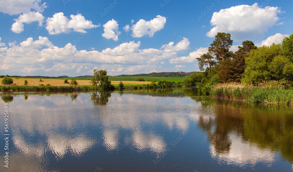 Beautiful view of pond, clouds mirroring in lake Beautiful view of pond, clouds mirroring in lake