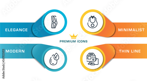 medicine outline icons with infographic template. thin line icons such as orthopedics, type b, baby bib, defibrillator vector.