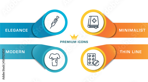 medical instruments outline icons with infographic template. thin line icons such as syringe needle, patient robe, medicine book, antibiotic vector.