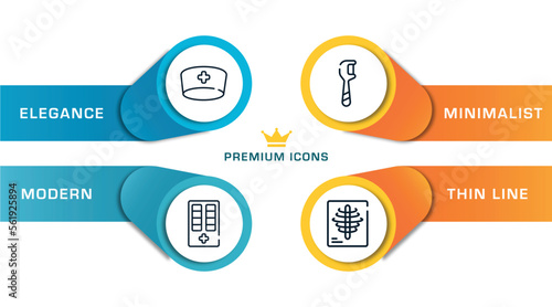 medical outline icons with infographic template. thin line icons such as doctor cap, medicine cabinet, floss, x rays vector.