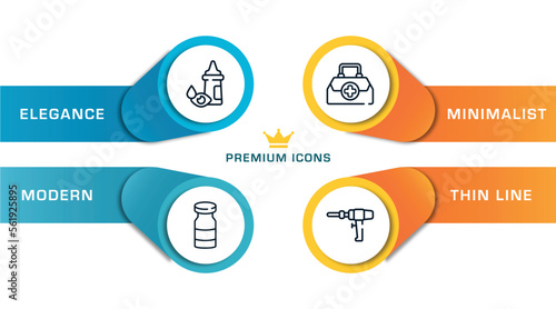 medical instruments outline icons with infographic template. thin line icons such as eye drop, vial, doctor briefcase, medical drill vector.